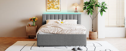 Queen Size Upholstered Platform Bed With Twin Long Trundle - Gray