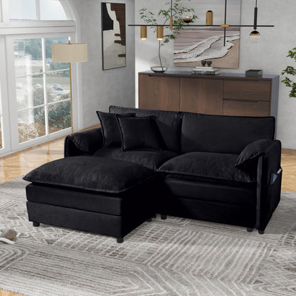 Modern Chenille Deep Seat Sectional Sofa Cloud Couch With Ottoman, Comfy Love Seat Upholstered Modular L Shaped Couch - Black
