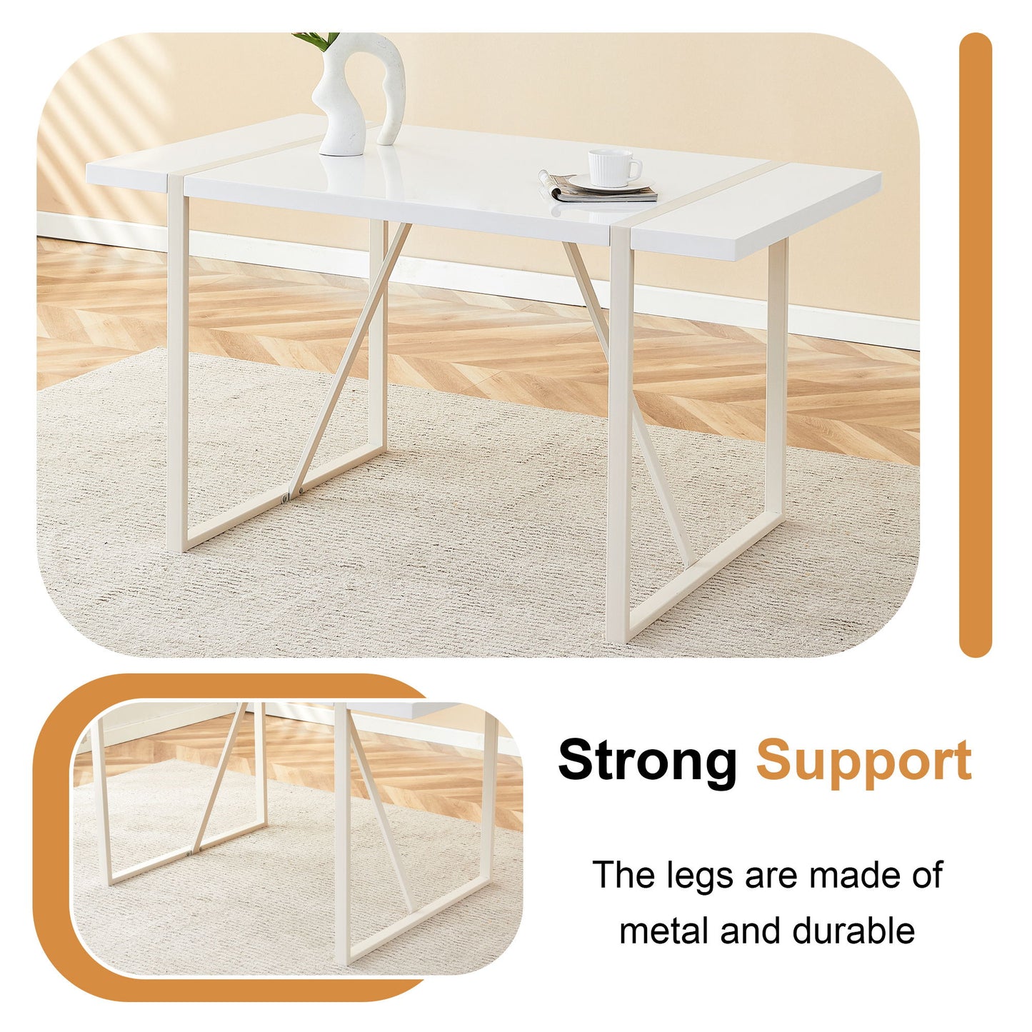 Industrial Rectangular Style Dining Table For 4 - 6 People With Thick Top And Metal Legs Frame - White