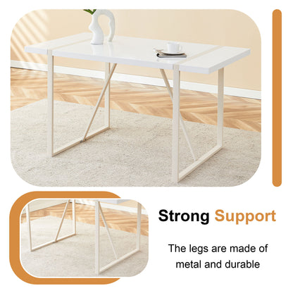 Industrial Rectangular Style Dining Table For 4 - 6 People With Thick Top And Metal Legs Frame - White