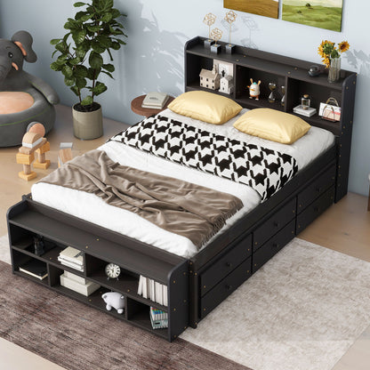 Full Bed With Bookcase Headboard, Under Bed Storage Drawers And Bed End Storage Case - Espresso