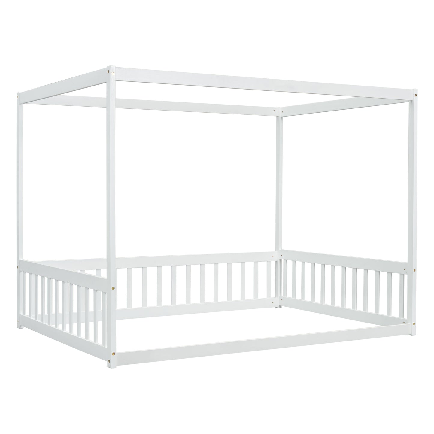 Full Size Canopy Frame Floor Bed With Fence, Guardrails - White