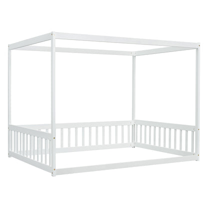 Full Size Canopy Frame Floor Bed With Fence, Guardrails - White