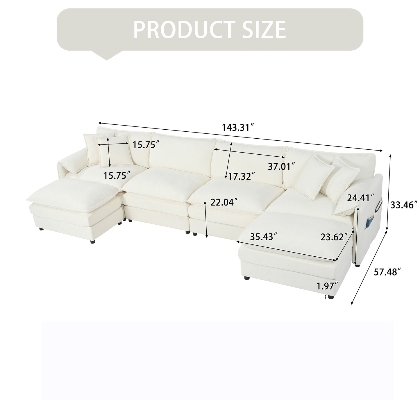 Elegant Modular Sectional Sofa Oversized Deep Seat U Shaped Couch Set Chenille - Beige