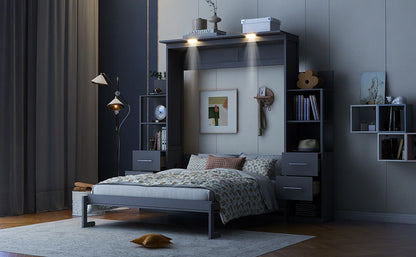 Queen Size Murphy Wall Bed With Shelves, Drawers And LED Lights - Gray
