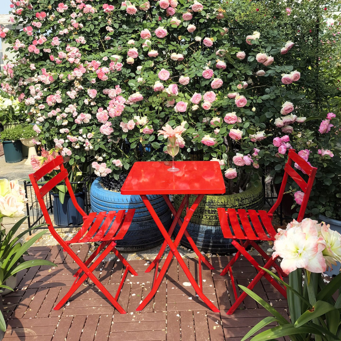 3 Piece Patio Bistro Set Of Foldable Square Table And Chairs - Red
