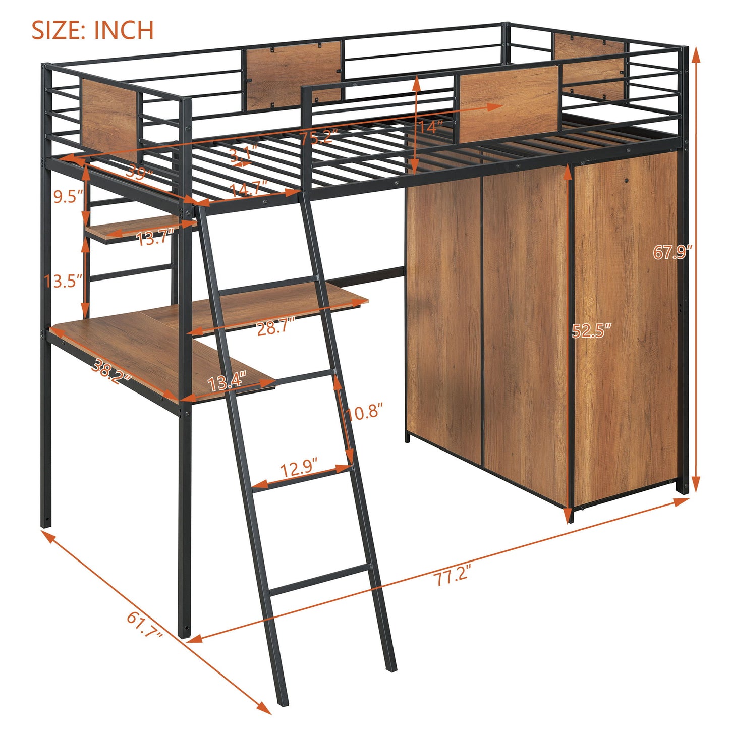Twin Size Loft Bed With L Shape Desk And Wardrobe - Black