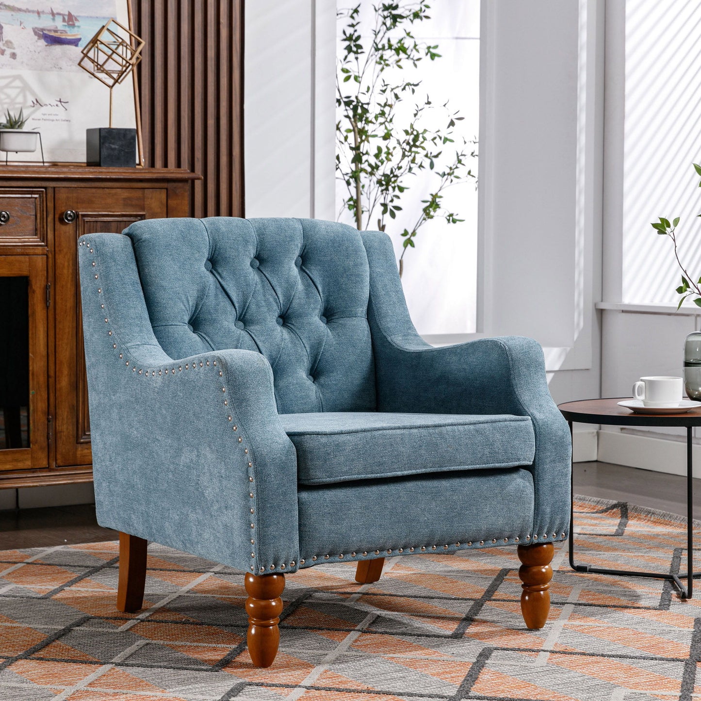 Accent Chair, Living Room Chair, Footrest Chair Set With Vintage Brass Studs, Button Tufted Upholstered Armchair For Living Room, Comfy Reading Chair For Bedroom, Reception Room - Blue
