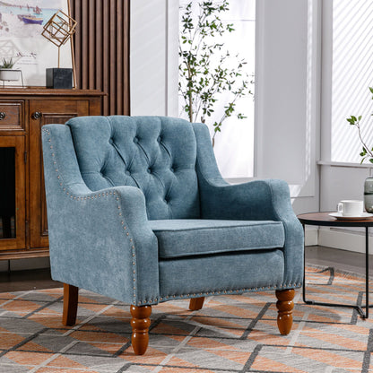 Accent Chair, Living Room Chair, Footrest Chair Set With Vintage Brass Studs, Button Tufted Upholstered Armchair For Living Room, Comfy Reading Chair For Bedroom, Reception Room - Blue