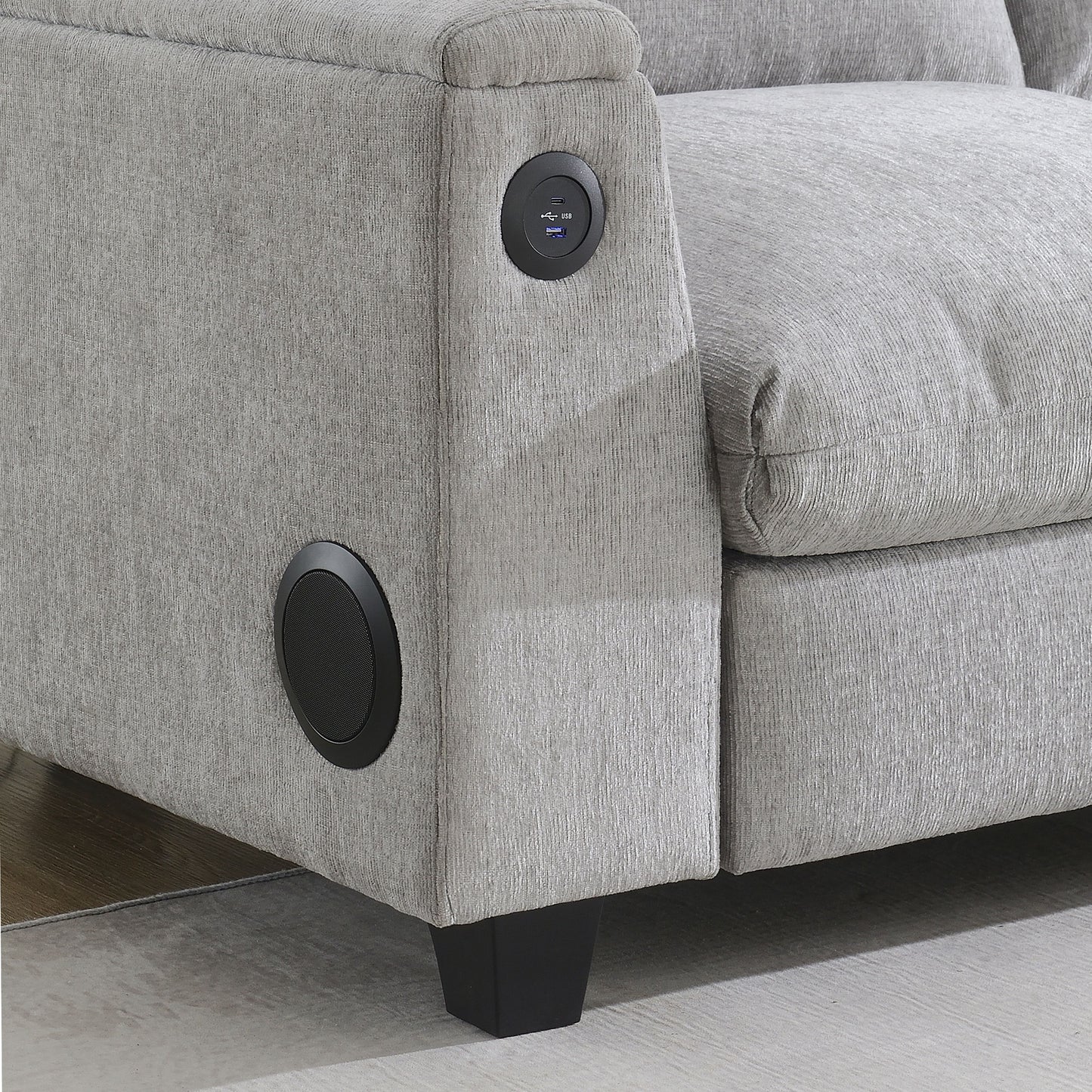 Sectional With Bluetooth Speaker Comfy Cloud Couch Set With Drop Down Table Cup Holders, USB Charger Storage Armrest Wide Seat Sofa - Gray
