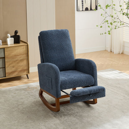 Rocking Chair For Nursery, High Back Glider Chair With Retractable Footrest, Side Pocket, Rocking Accent Armchair With Rubber Wood Legs For Living Room / Bedroom - Navy