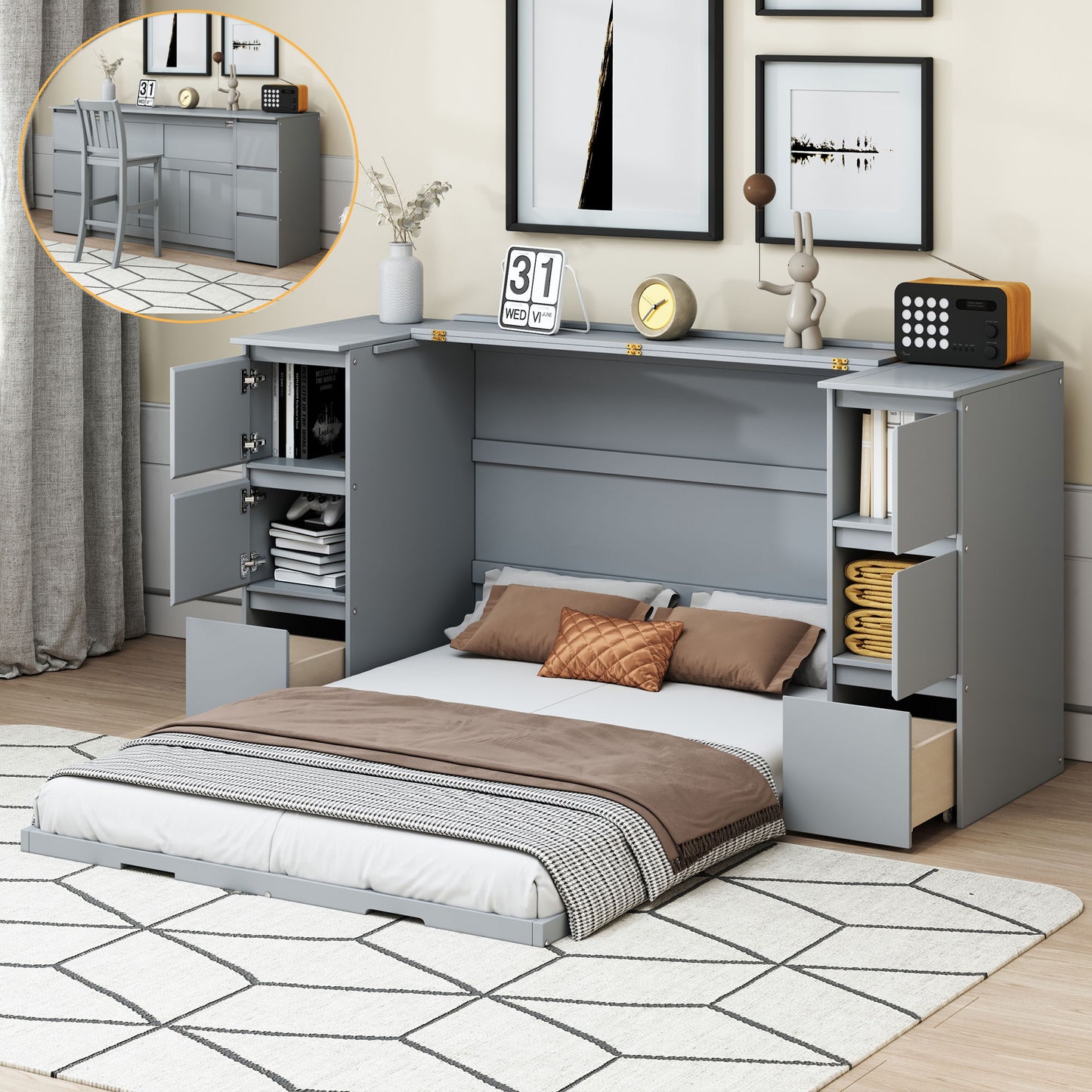 Full Size Murphy Bed With Drawers, Cabinets, And USB Ports - Gray