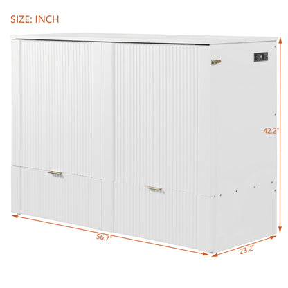 Full Size Murphy Bed With Drawer And A Set Of Sockets & USB Ports, Pulley Structure Design - White