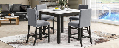 5-Piece Counter Height Dining Table Set With One Faux Marble Top Dining Table And Four Velvet Upholstered Chairs - Gray