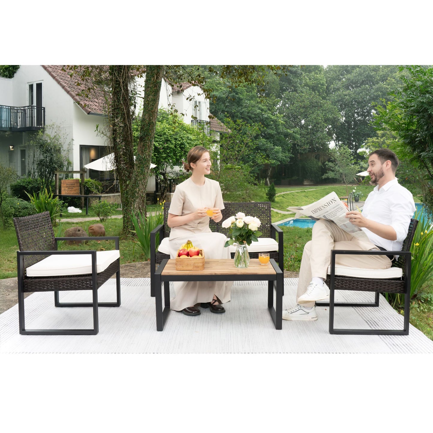 Modern 4 Piece Patio Furniture Set With Acacia Wood Table Top And Beige Cushions - Brown