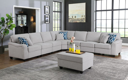 Leo - 8 Piece Modular L-Shape Sectional Sofa And Ottoman - Light Gray