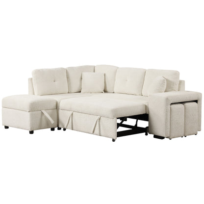Convertible Sleeper, Sectional Pull Out Sofa Bed With Storage Ottoman, 2 Throw Pillows, 2 Stools, Wireless Charger And Two Hidden USB Ports For Living Room - Cream