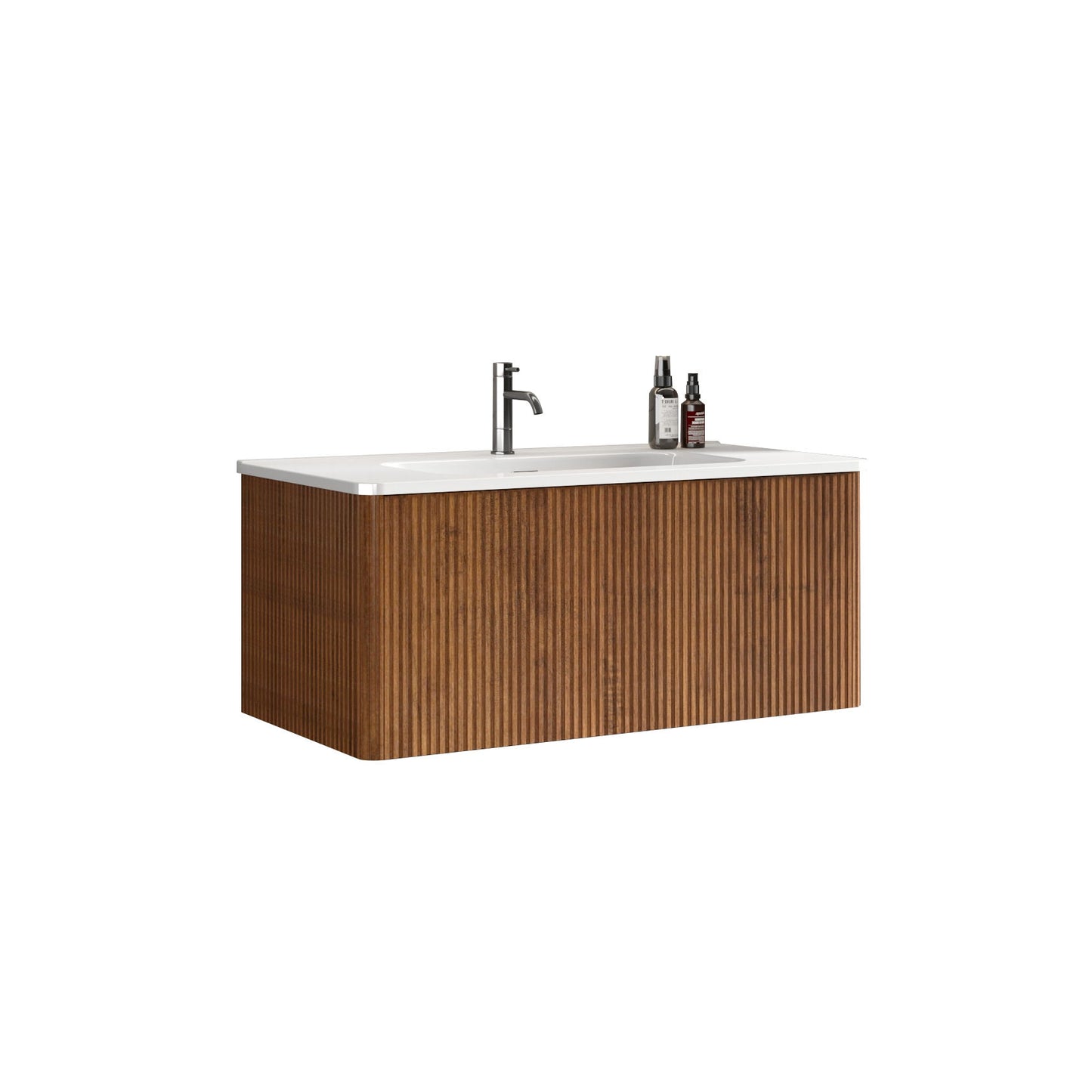 Etna - Striped Walnut Bathroom Vanity With Ceramic Sink, Wall Mounted Floating Bathroom Vanity For Modern Bathroom - Walnut / White