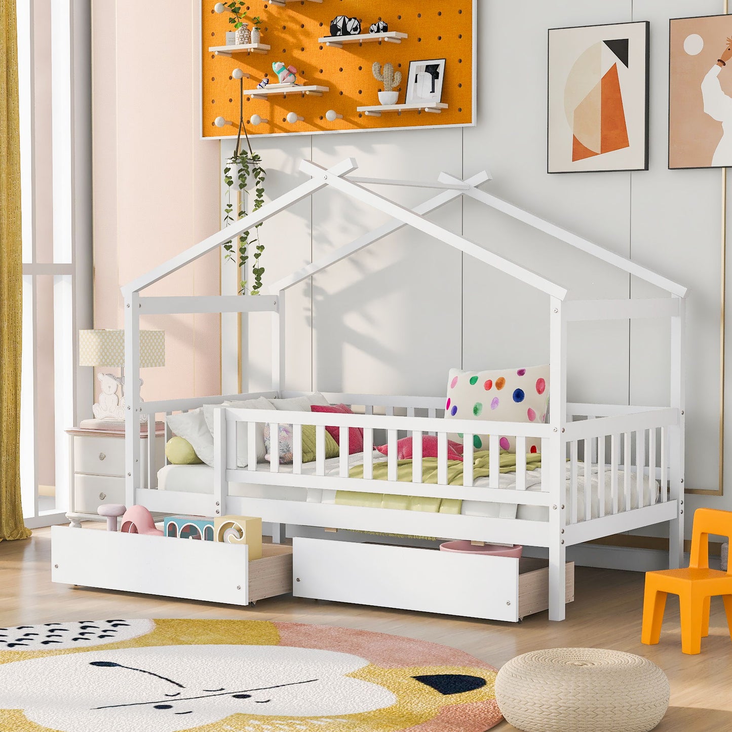 Twin Size House Bed With 2 Drawers - White