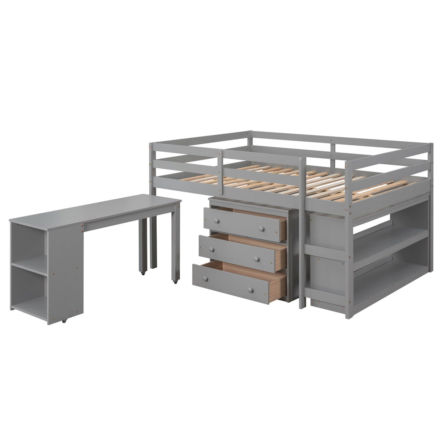 Full Loft Low Study Bed With Cabinet, Shelves And Rolling Portable Desk, Multiple Functions- Gray