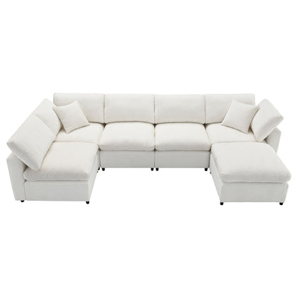 Modern Modular Cloud Sofa Bed, 6 Seat Chenille Sectional Couch Set With Ottoman, Free Combination, Convertible U Shaped Sleeper Sofa - Beige