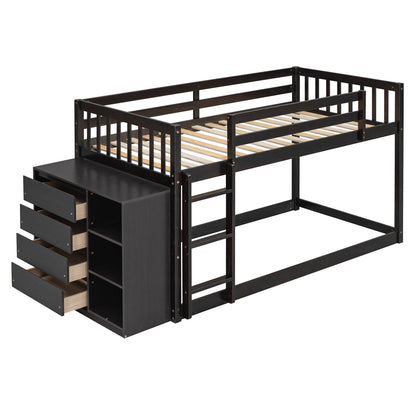Twin Over Twin Classic Bunk Bed With 4 Drawers And 3 Shelves - Espresso