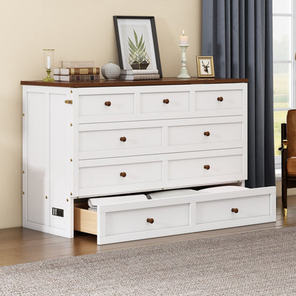Queen Solid Pine Murphy Bed Chest With Charging Station And Large Storage Drawer For Home Office Or Small Room - White / Walnut