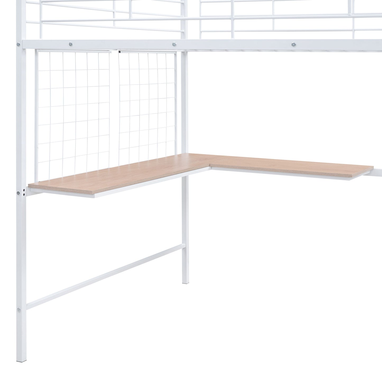 Full Size Loft Bed With Desk And Grid, Stylish Frame With Lateral Storage Ladder And Wardrobe - White