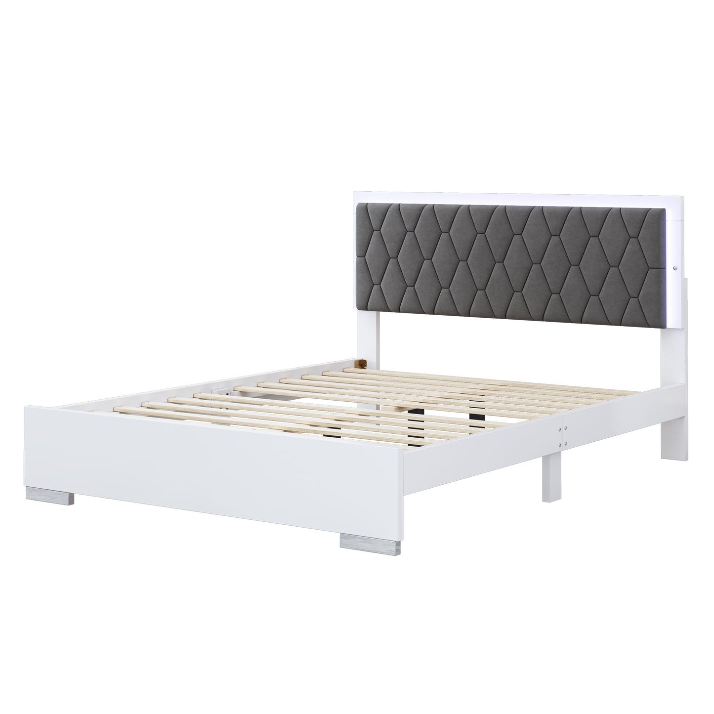 4 Piece Bedroom Sets Queen Size Upholstered Bed With LED Lights, Mirrored Nightstands And Dresser With Metal Handles And Legs - White