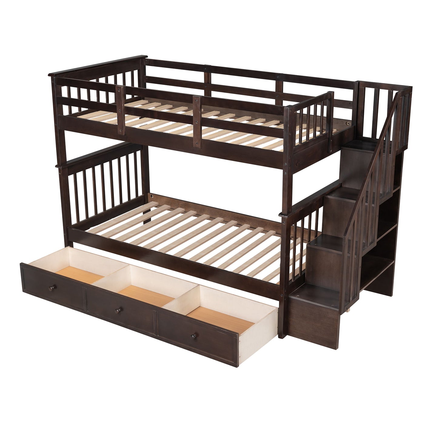 Stairway Twin Over Twin Bunk Bed With Three Drawers For Bedroom - Espresso