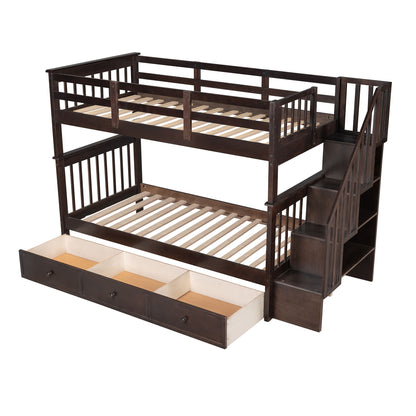 Stairway Twin Over Twin Bunk Bed With Three Drawers For Bedroom - Espresso