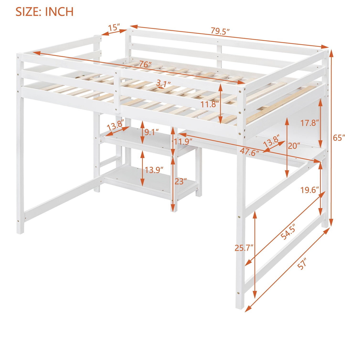 Full Size Loft Bed With Shelves, Desk And Writing Board - White