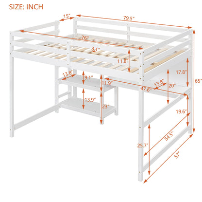 Full Size Loft Bed With Shelves, Desk And Writing Board - White