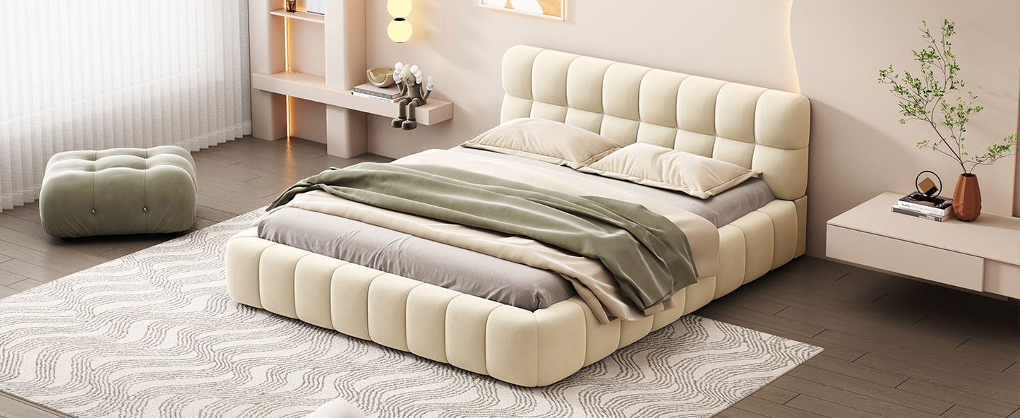 Queen Size Upholstered Platform Bed With Thick, Grounded Bed With Solid Frame - Beige