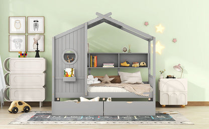 Twin Size House Bed With 2 Drawers, Kids Bed With Storage Shelf - Gray