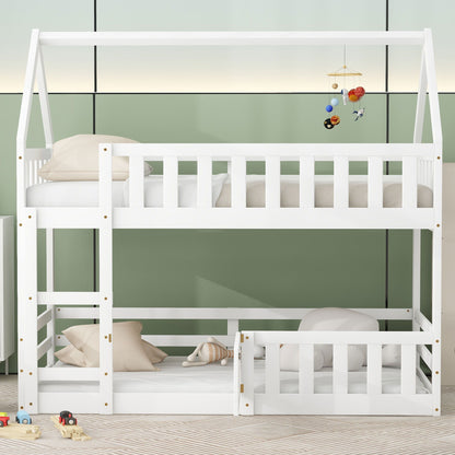 Twin Over Twin House Bunk Bed With Fence And Door - White