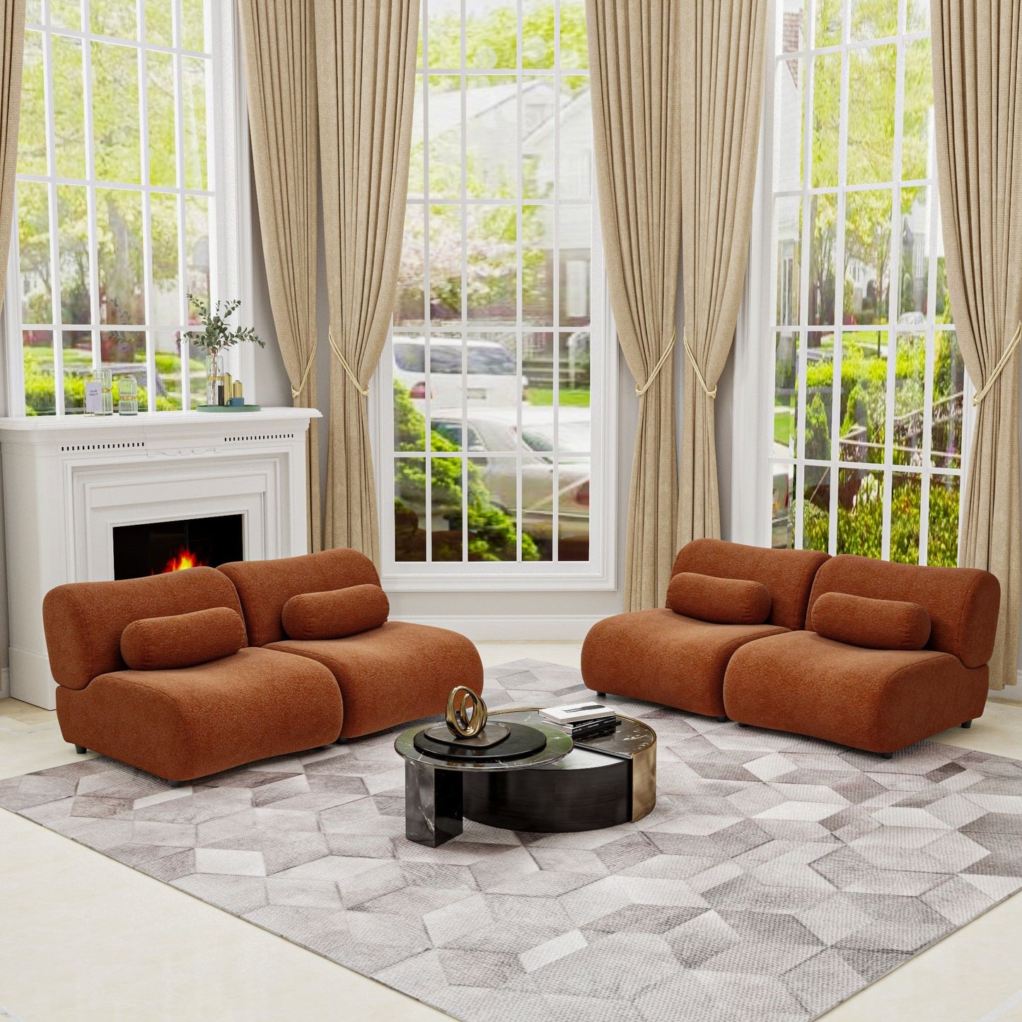 Modern L - Shaped Modular Sofa Set High Comfort Chenille Fabric, Freely Arrangeable For Living Room - Orange