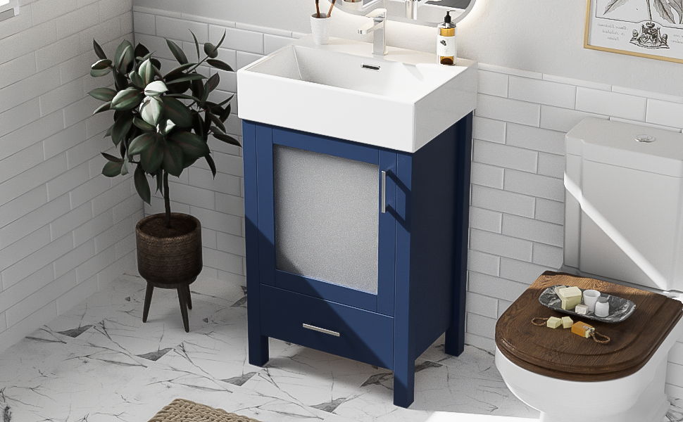 Bathroom Vanity With Ceramic Sink And Ample Storage, Ideal For Small Bathrooms - Blue