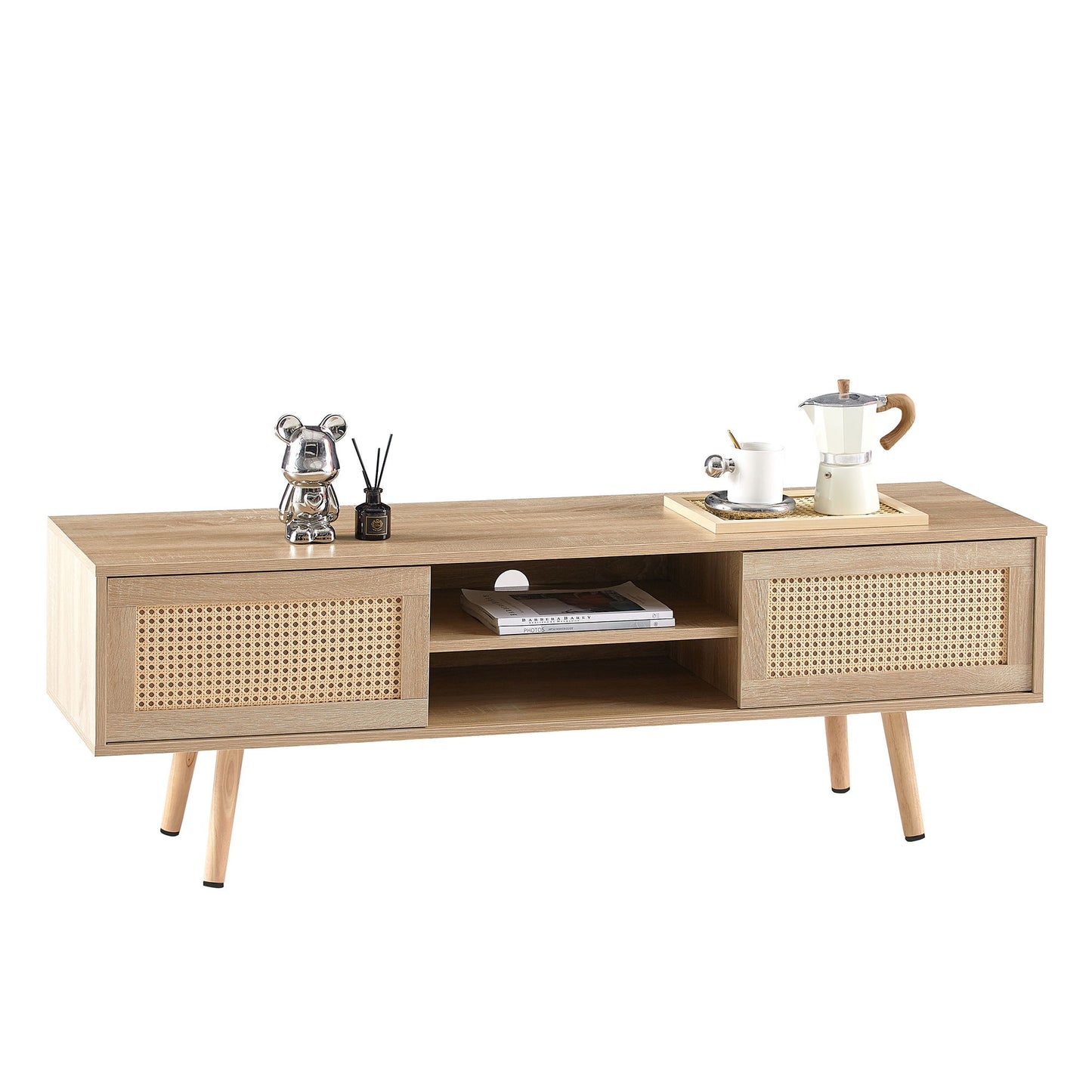 55.12" Rattan TV Cabinet, Double Sliding Doors For Storage, Adjustable Shelf, Solid Wood Legs, TV Console For Living Room - Natural