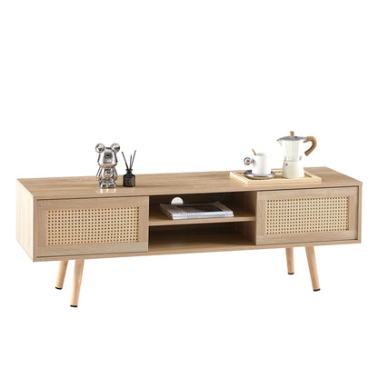 55.12" Rattan TV Cabinet, Double Sliding Doors For Storage, Adjustable Shelf, Solid Wood Legs, TV Console For Living Room - Natural
