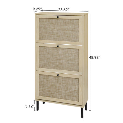 Modern Freestanding Rattan 3 Door Shoe Rack Storage Cabinet For Entryway - Natural Particle Board
