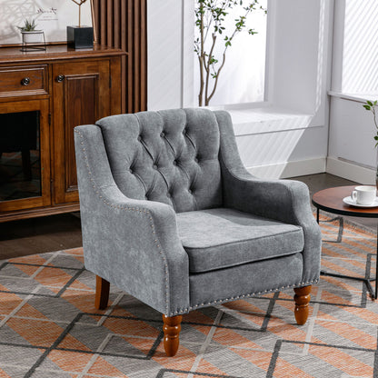Accent Chair, Living Room Chair, Footrest Chair Set With Vintage Brass Studs, Button Tufted Upholstered Armchair For Living Room, Comfy Reading Chair For Bedroom, Reception Room - Gray