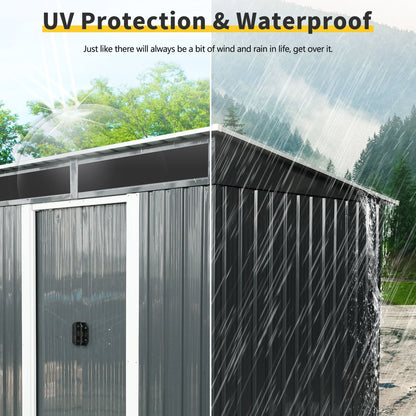 6Ft X 5Ft Outdoor Metal Storage Shed With Lockable Sliding Doors And Transparent Plate For Garden, Lawn - Black / White