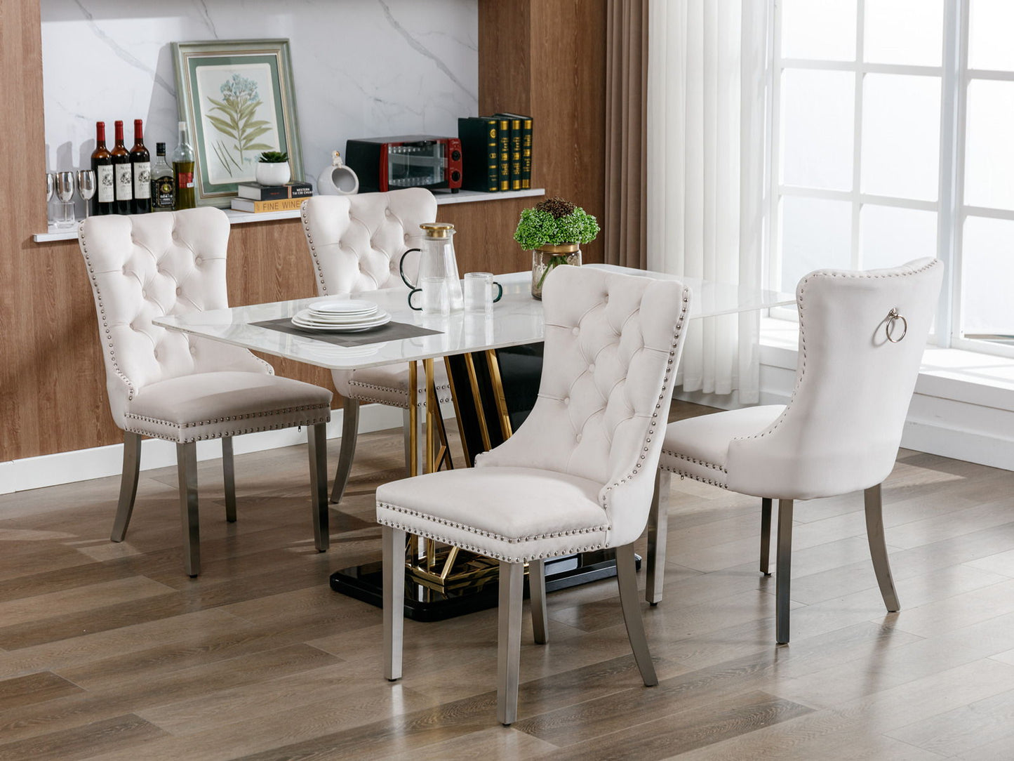 Nikki - Modern, High-End Tufted Solid Wood Contemporary Velvet Upholstered Dining Chair With Chrome Stainless Steel Plating Legs, Nailhead Trim (Set of 2) - Beige