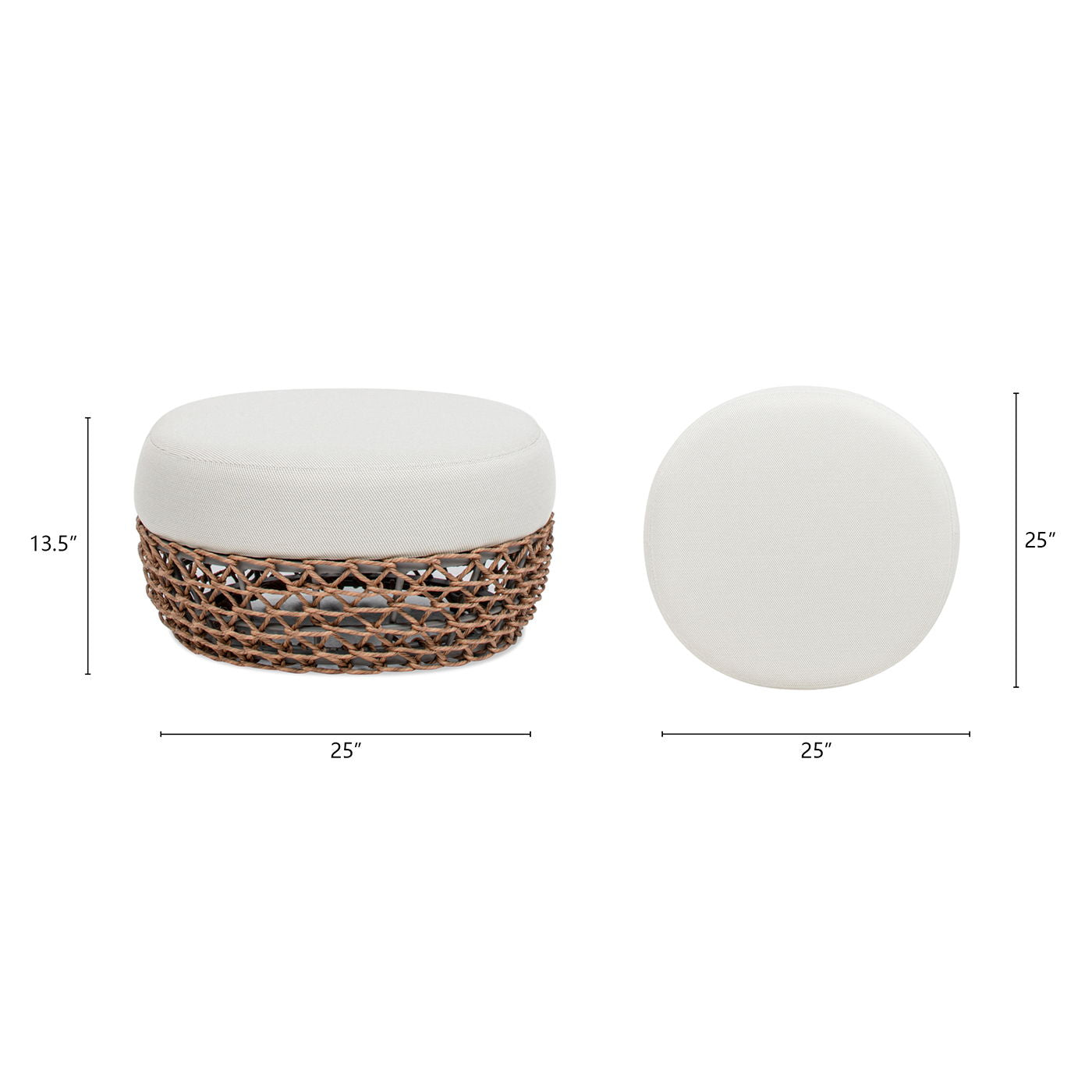 Willow - Round Upholstered Woven Patio Ottoman, Wicker Frame - Wheat Beige / Golden Brown