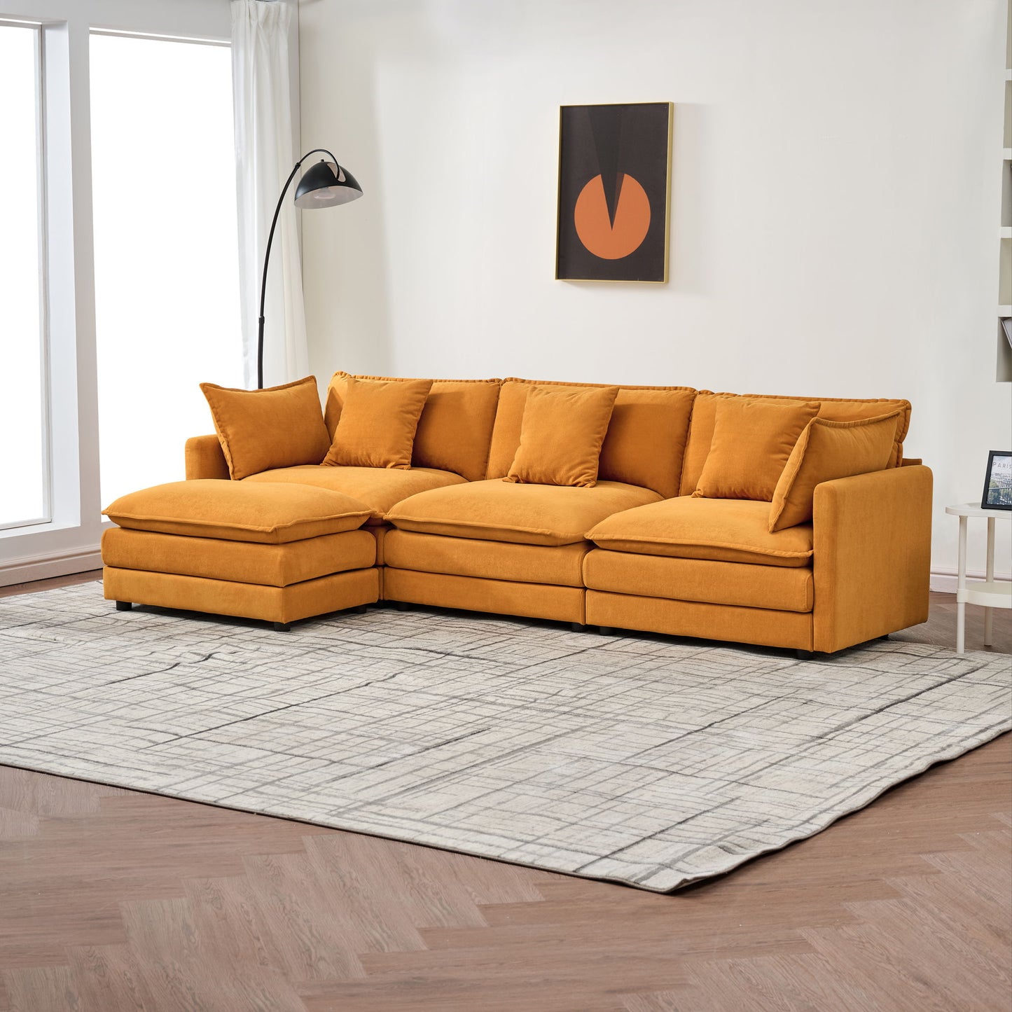 Modular Chenille L Shaped Sofa With Ottoman, Deep Seat, Cushions - Orange