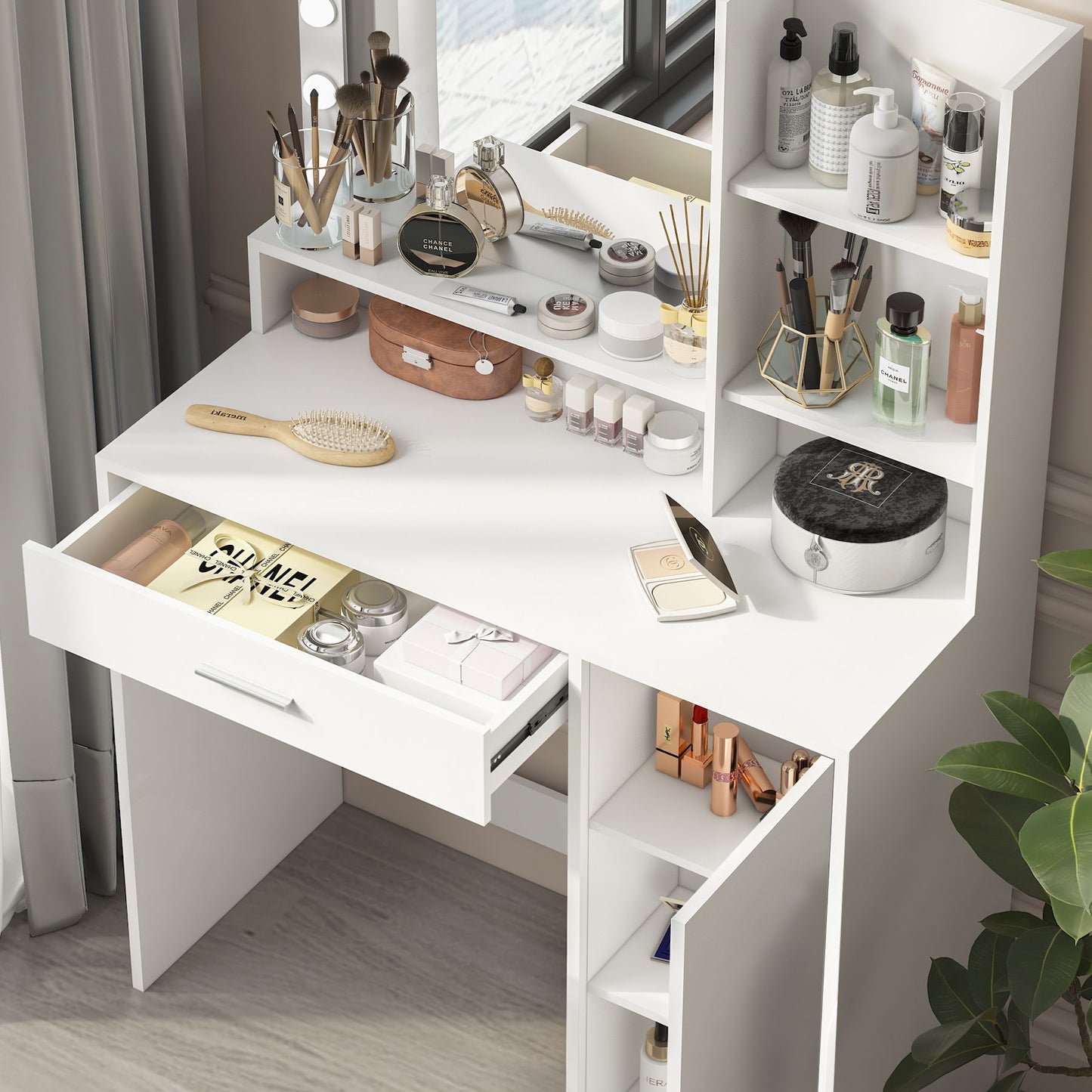 Vanity Desk With Mirror & Light, Large Drawer Three Level Storage Dresser, 3 Lighting Modes Adjustable Brightness, Bedroom Dressing Table - White