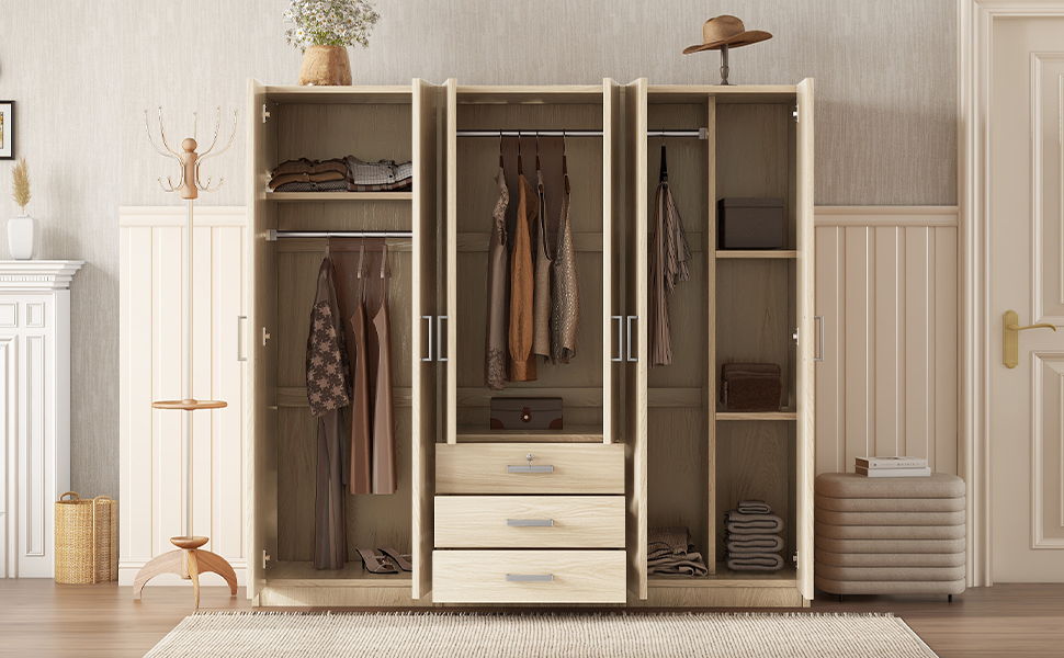 6 Doors Wardrobe Storage For Bedroom, With Big Drawers - Brown
