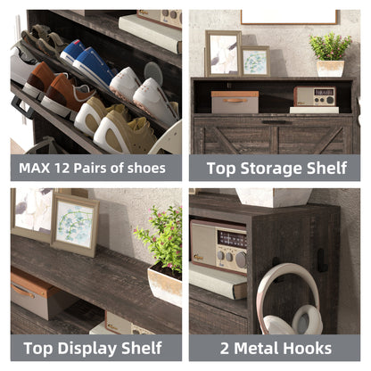 Farmhouse Shoe Storage Cabinet With Barn Door Design, 2 Flip Drawers, Hooks - Dark Oak
