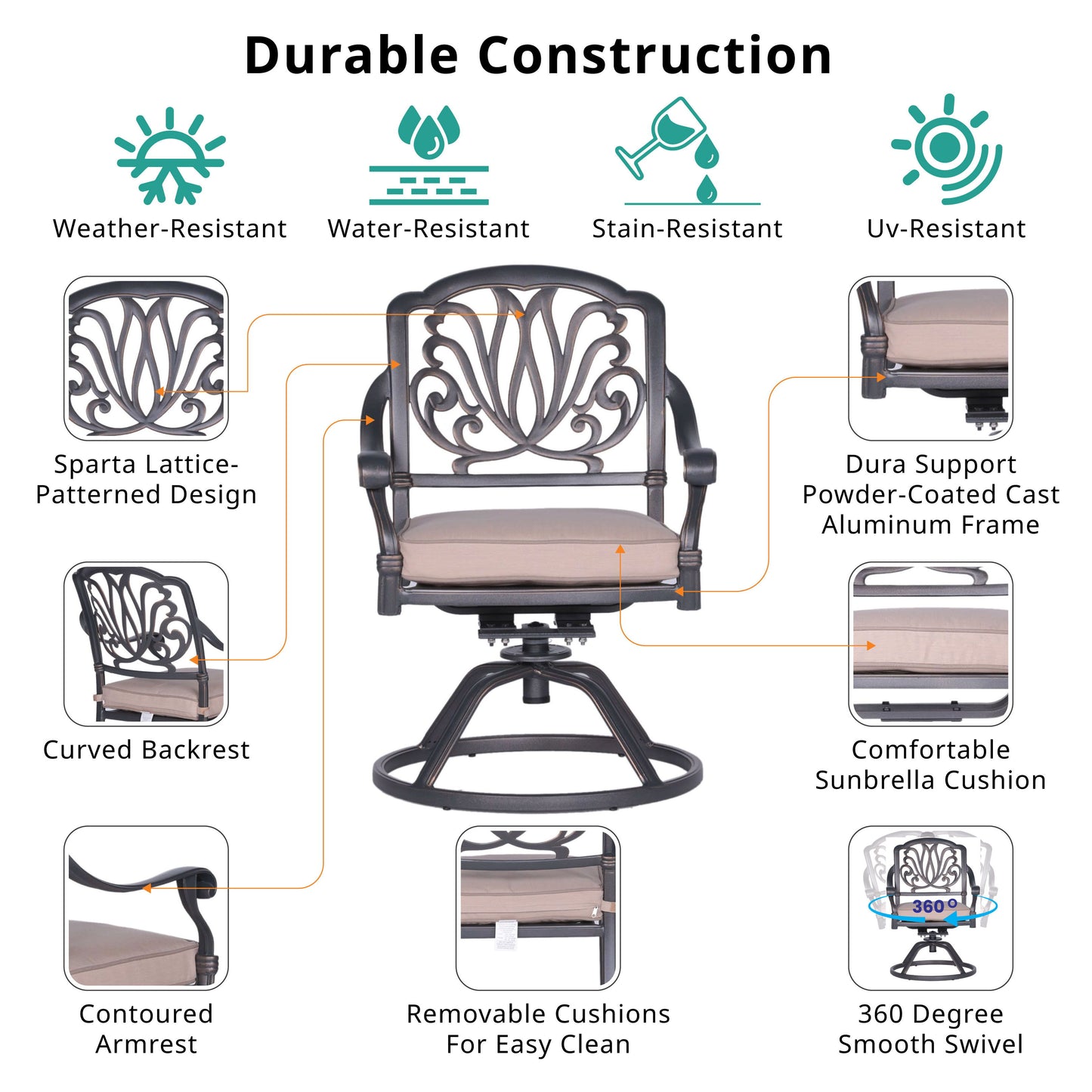 Patio Outdoor Aluminum Dining Swivel Rocker Chairs With Cushion (Set of 2) - Spectrum Sand